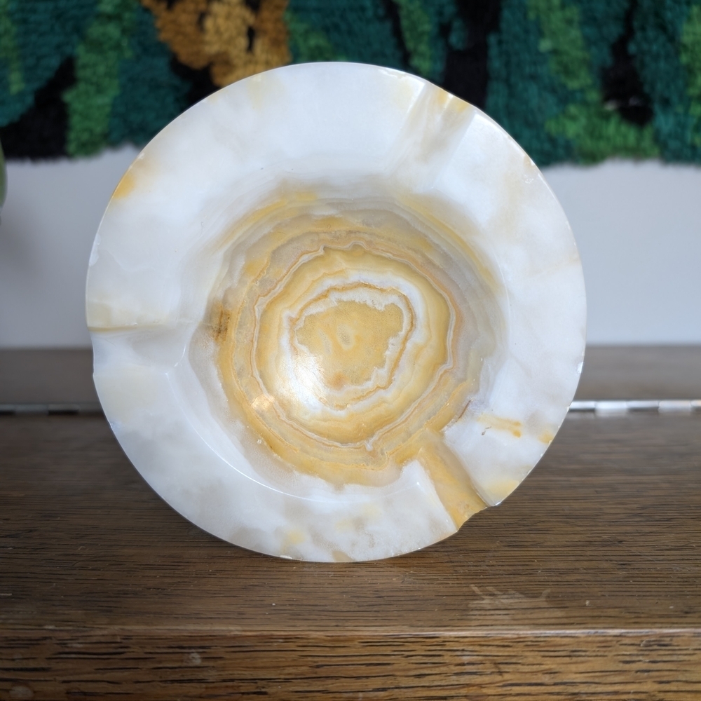 Vintage MCM Onyx Stone Ashtray Banded Carved | Retro | Midcentury Modern